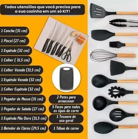 Jogo Utensílios de Cozinha Luxo 19 Peças Com Tábua em Silicone Espátula Faca Tesoura 2000GR Kitchen Presente Cores