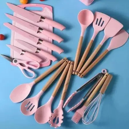 Jogo Utensílios de Cozinha Luxo 19 Peças Com Tábua em Silicone Espátula Faca Tesoura 2000GR Kitchen Presente Cores