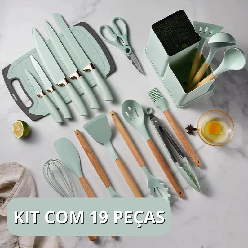 Jogo Utensílios de Cozinha Luxo 19 Peças Com Tábua em Silicone Espátula Faca Tesoura 2000GR Kitchen Presente Cores