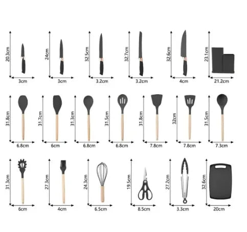 Jogo Utensílios de Cozinha Luxo 19 Peças Com Tábua em Silicone Espátula Faca Tesoura 2000GR Kitchen Presente Cores