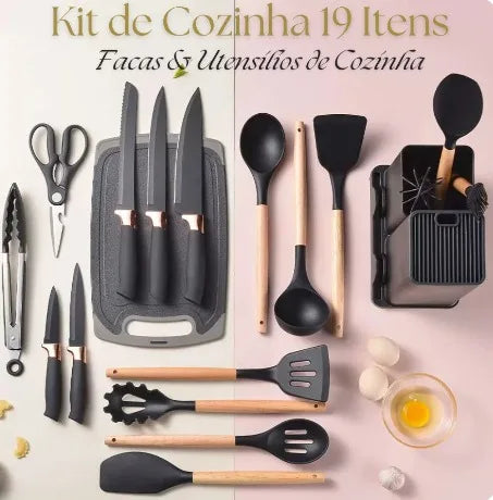 Jogo Utensílios de Cozinha Luxo 19 Peças Com Tábua em Silicone Espátula Faca Tesoura 2000GR Kitchen Presente Cores