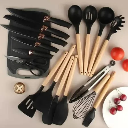 Jogo Utensílios de Cozinha Luxo 19 Peças Com Tábua em Silicone Espátula Faca Tesoura 2000GR Kitchen Presente Cores