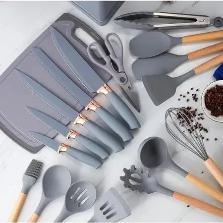 Jogo Utensílios de Cozinha Luxo 19 Peças Com Tábua em Silicone Espátula Faca Tesoura 2000GR Kitchen Presente Cores