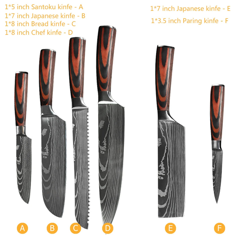 Jogo de Facas de Cozinha 1-10 Peças – Faca de Chef com Padrão Laser Damascus, Afiada, Faca Japonesa Santoku, Cutelo, Faca para Fatiar e Utilitárias