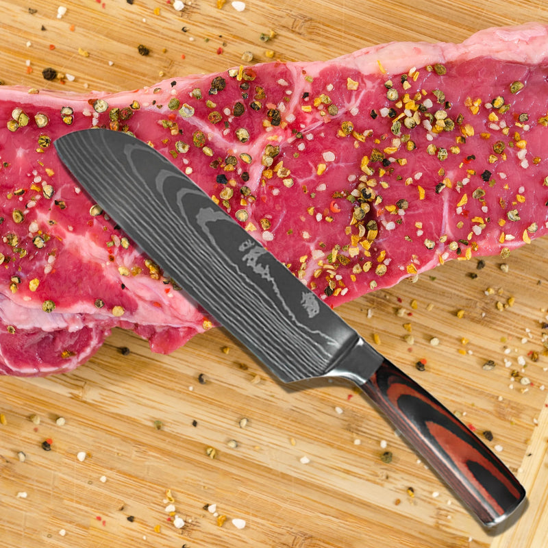 Jogo de Facas de Cozinha 1-10 Peças – Faca de Chef com Padrão Laser Damascus, Afiada, Faca Japonesa Santoku, Cutelo, Faca para Fatiar e Utilitárias