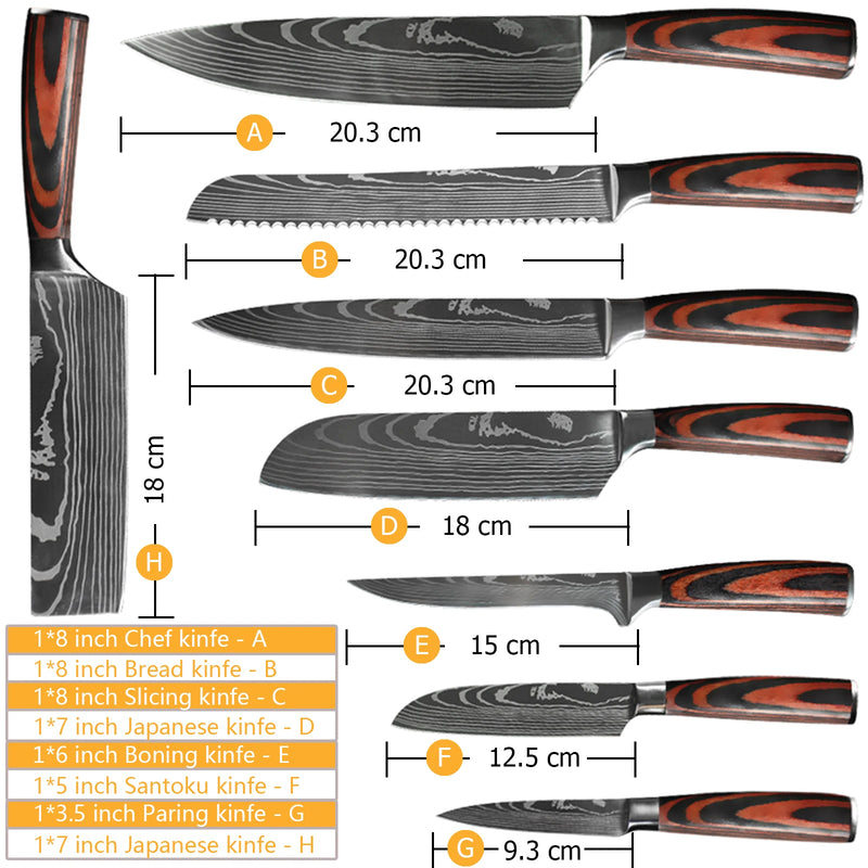 Jogo de Facas de Cozinha 1-10 Peças – Faca de Chef com Padrão Laser Damascus, Afiada, Faca Japonesa Santoku, Cutelo, Faca para Fatiar e Utilitárias