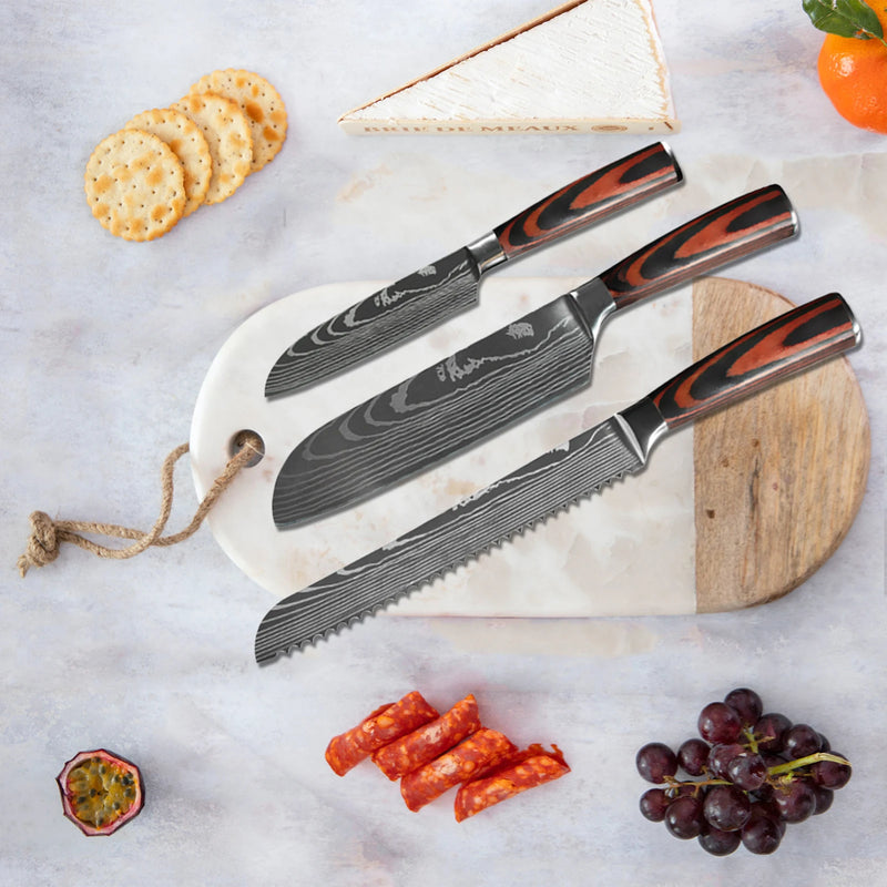 Jogo de Facas de Cozinha 1-10 Peças – Faca de Chef com Padrão Laser Damascus, Afiada, Faca Japonesa Santoku, Cutelo, Faca para Fatiar e Utilitárias