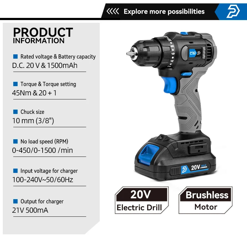 Furadeira Parafusadeira Sem Fio Prostormer 20V