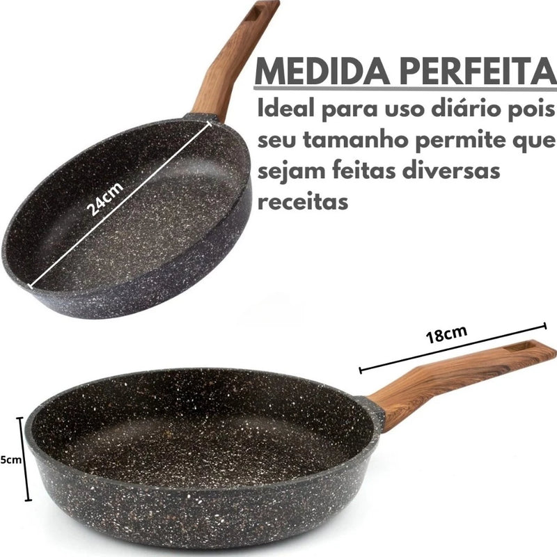 Frigideira Antiaderente de Alumínio Revestimento Cerâmico Premium 24cm Funda Cabo Madeira Não Gruda