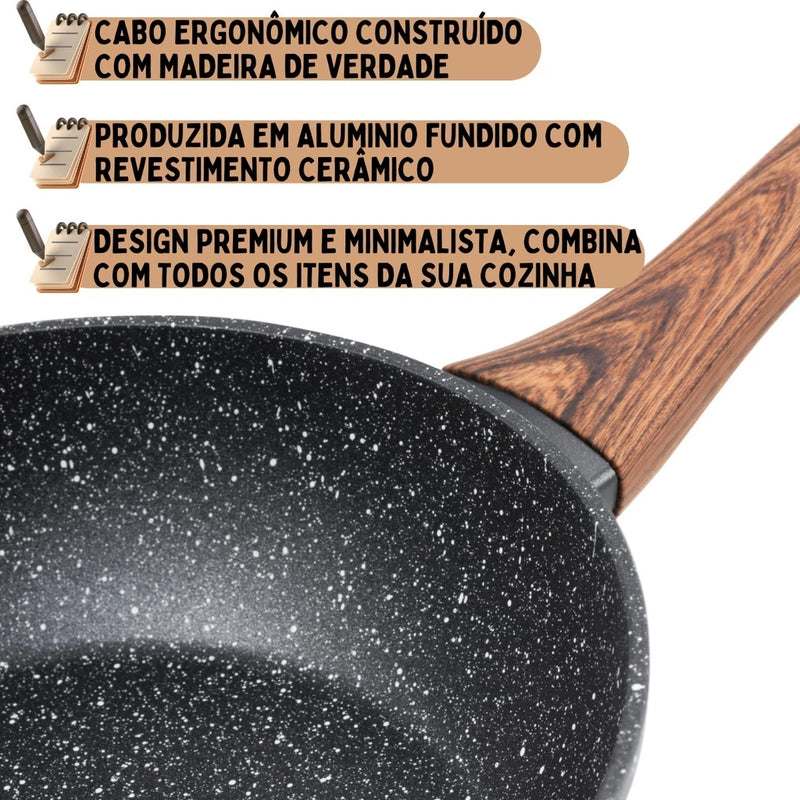 Frigideira Antiaderente de Alumínio Revestimento Cerâmico Premium 24cm Funda Cabo Madeira Não Gruda